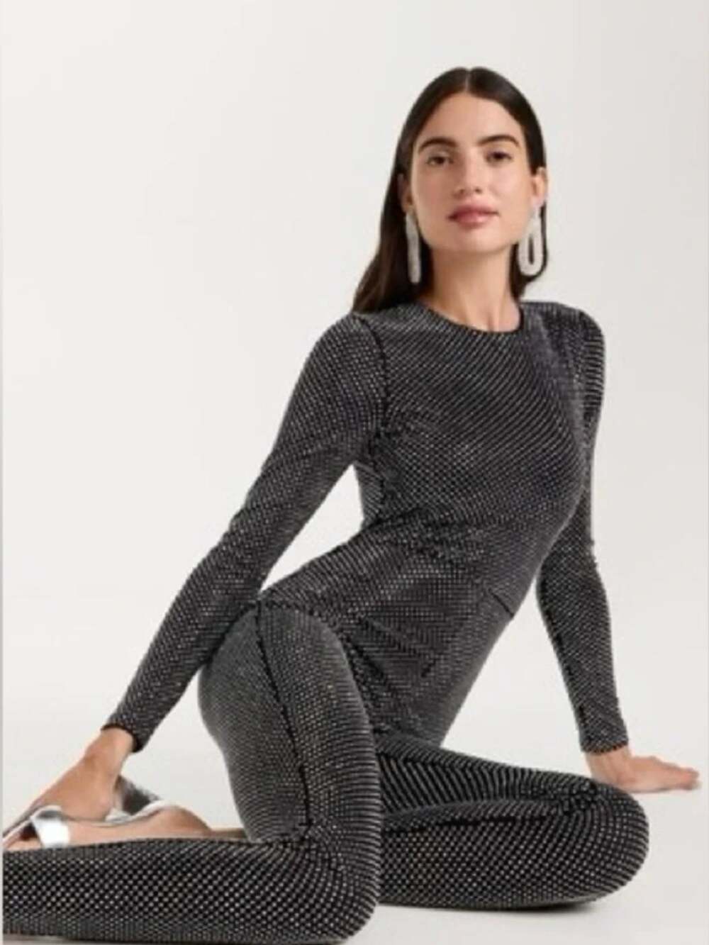 Alice + Olivia Freddie Crewneck Embellished Catsuit Black Silver Lined Size 4